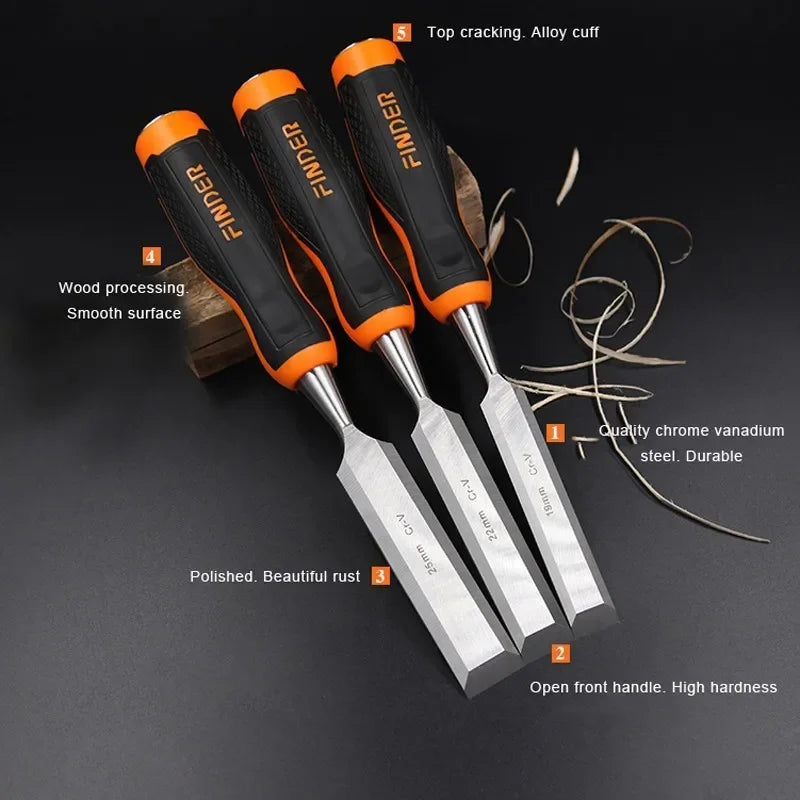 FINDER Wood Chisel with Comfort TPR Handle, Flat Carpentry Tools for Woodworking DIY, Fiberglass Reinforced Handle