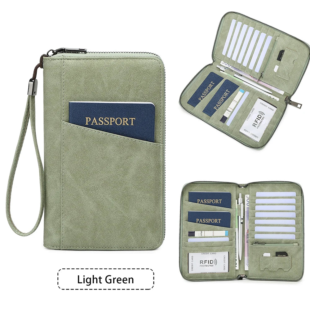 Multi-Functional RFID Blocking Passport Bag Travel Document Holder with Long Zipper Ticket Storage Wallet for Multiple Passports