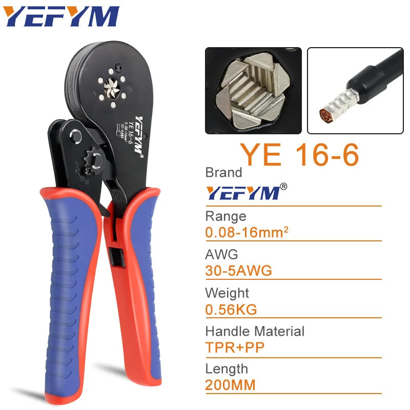 Ferrule Terminal Connectors Hexagon Crimping Pliers YE 16-6 0.08-16mm2/30-5AWG Large Range Size Ratchet Electrical Tools YEFYM