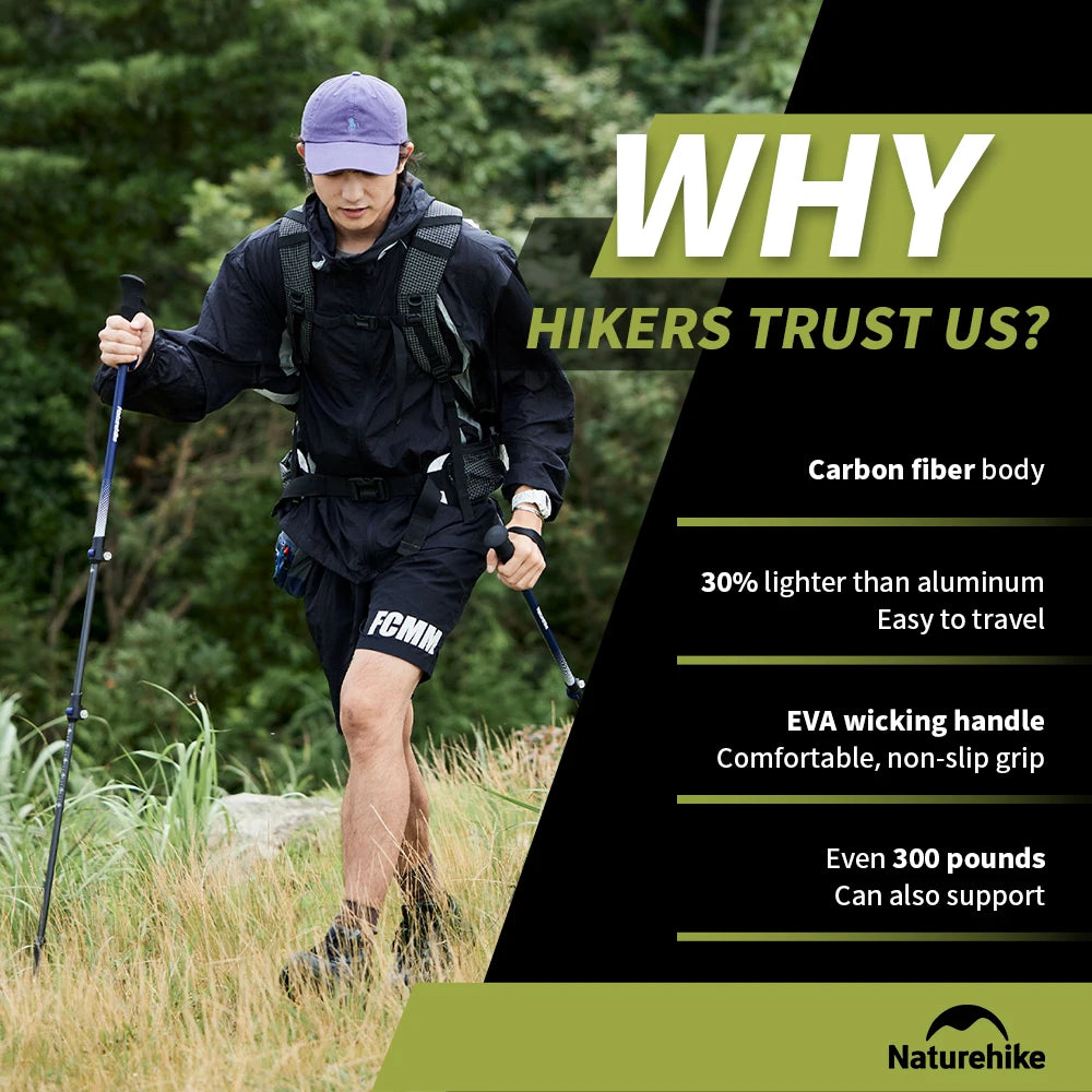 Naturehike Walking Stick First Snow EXT1 Carbon Fiber Hiking Poles 3 Section Ultra-light Telescopic Outdoor Climbing Hiking Cane