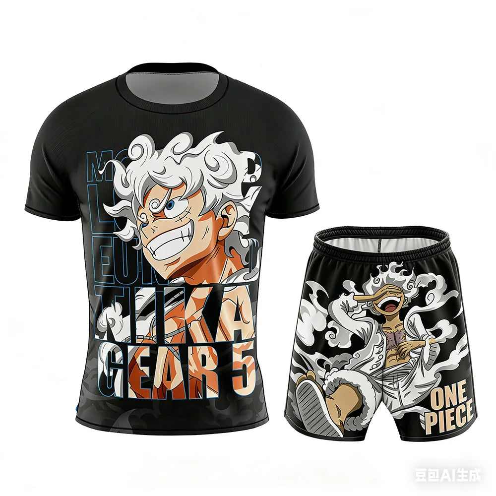Summer New ONE PIECE Luffy T-shirt Shorts Men Women's Fitness Training Fighting Sports Set Oversized Breathable Quick Drying Set
