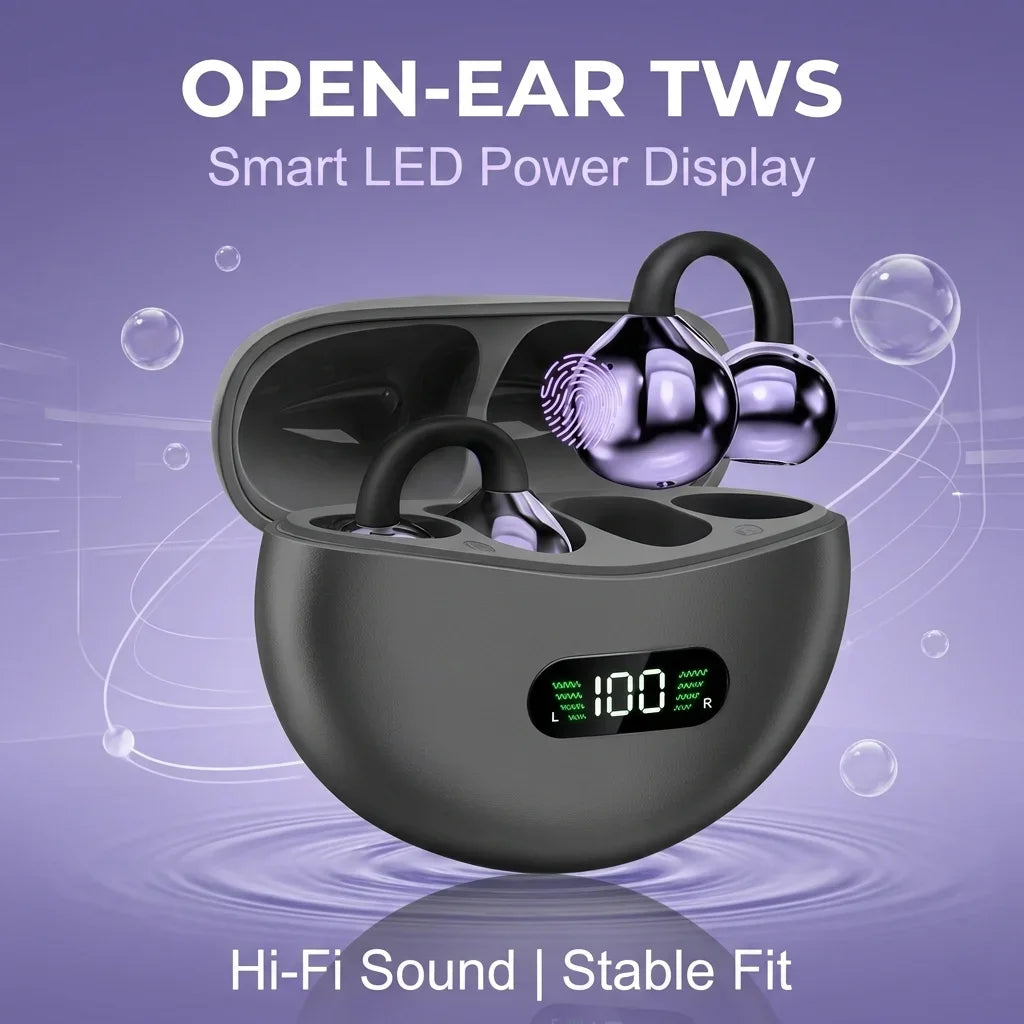 Origin Wireless Earphones Bluetooth Earbuds Clip on Ear HIFI Music Headphones for Smartphone Sport Power Display Compact Headset