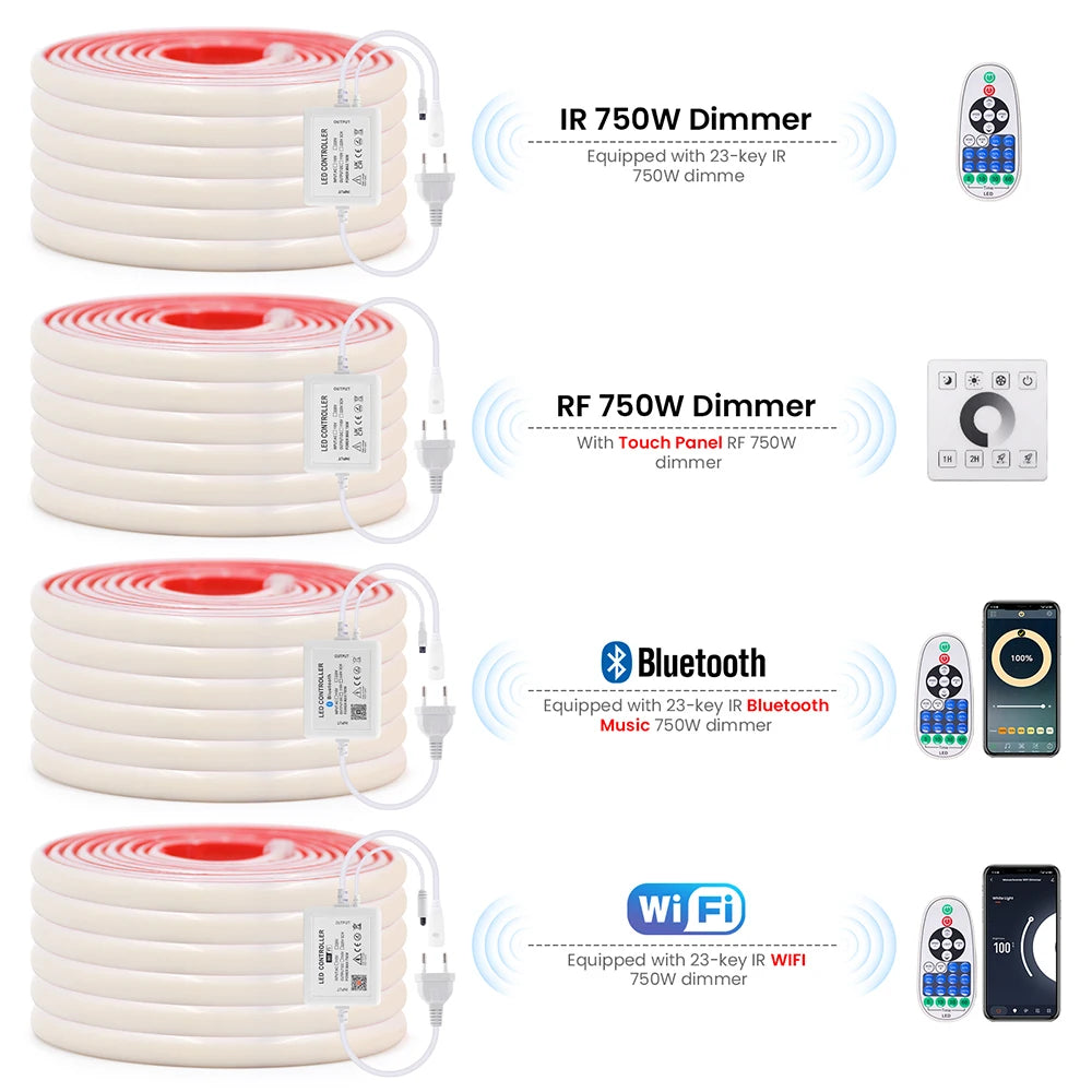 220V Bluetooth WIFI COB Neon LED Strip Light With Adhesive Tape 23key Remote Control Power Kit 288LED Waterproof Flexible Ribbon