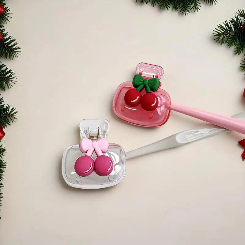Hot Sale 1/2Pcs Cute Cherry Bow Design Toothbrush Storager  Toothbrush Head Features Dual Holes For Drainage And Ventilation