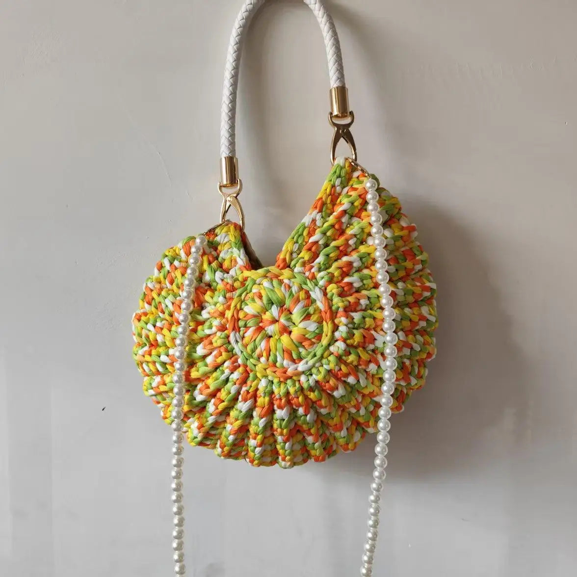 Creative Candy Color Conch Bag For Women Crochet Shoulder Bags Funny Cute Pearls Chains Handmade Weave Crossbody Hobo Shell Bag