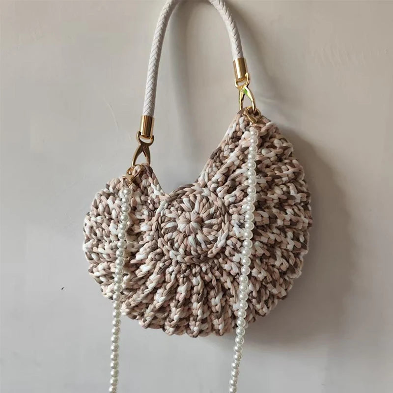 Creative Candy Color Conch Bag For Women Crochet Shoulder Bags Funny Cute Pearls Chains Handmade Weave Crossbody Hobo Shell Bag