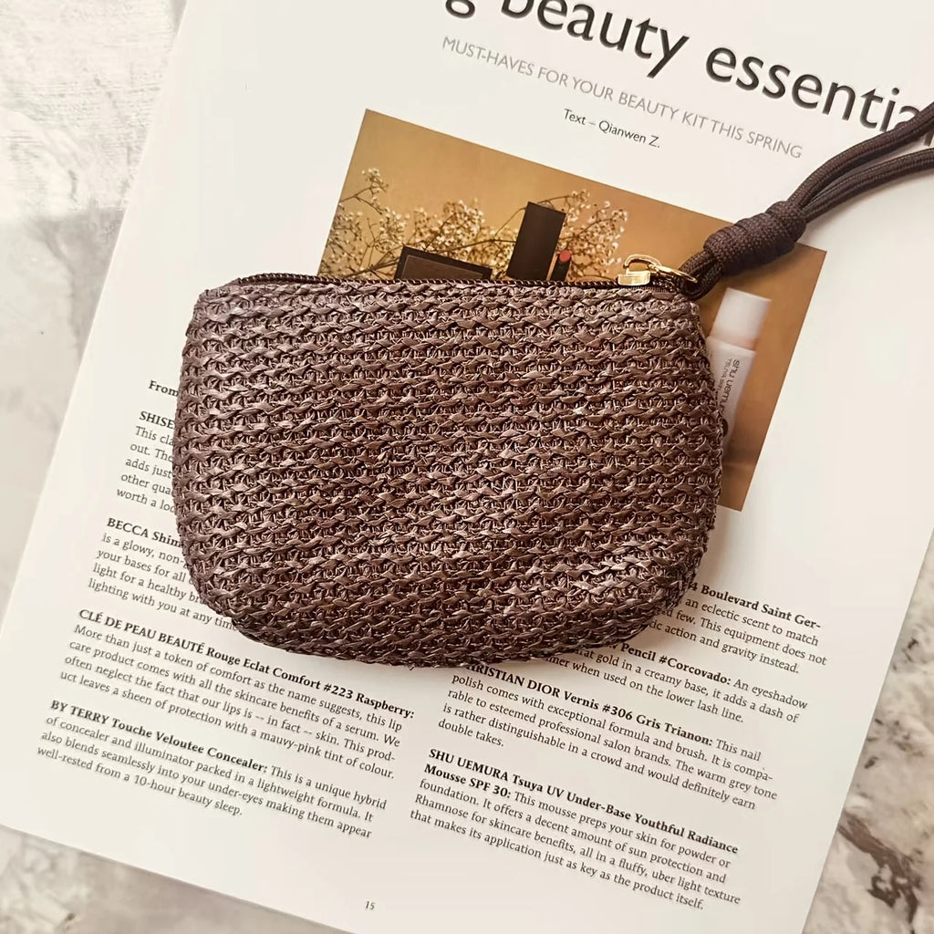 Summer Straw Key Coin Storage Purse,mini Zippered Card Holder,portable Wrist Bag Wallet Clutch Pouch,Beach Vacation Straw Bag