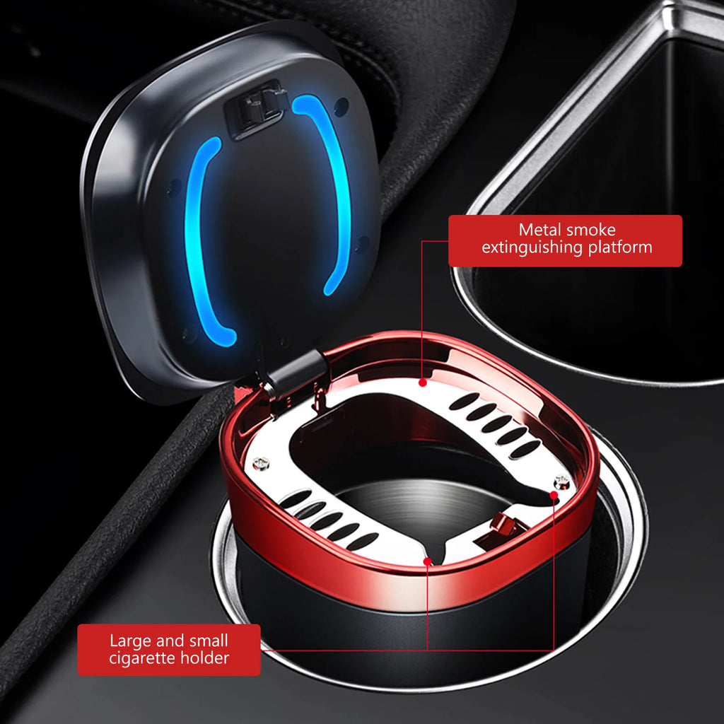 Car Ashtray Cup with Lid Anti-Odor Stainless Steel LED Light One-Click Open Car Ashtray Portable Removable Fireproof