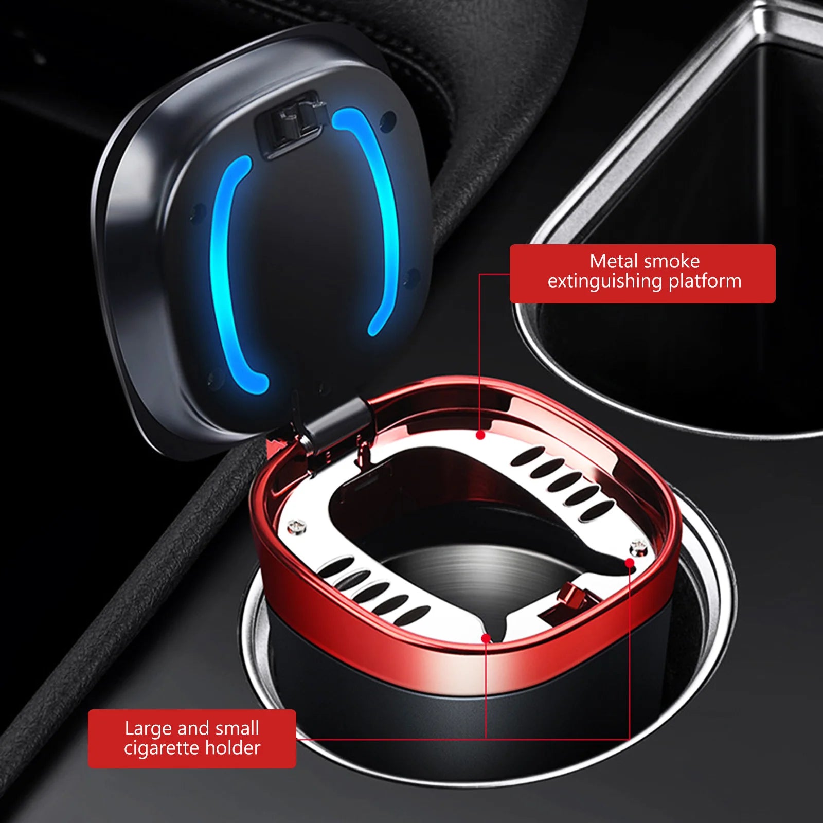 Car Ashtray Cup with Lid Anti-Odor Stainless Steel LED Light One-Click Open Car Ashtray Portable Removable Fireproof