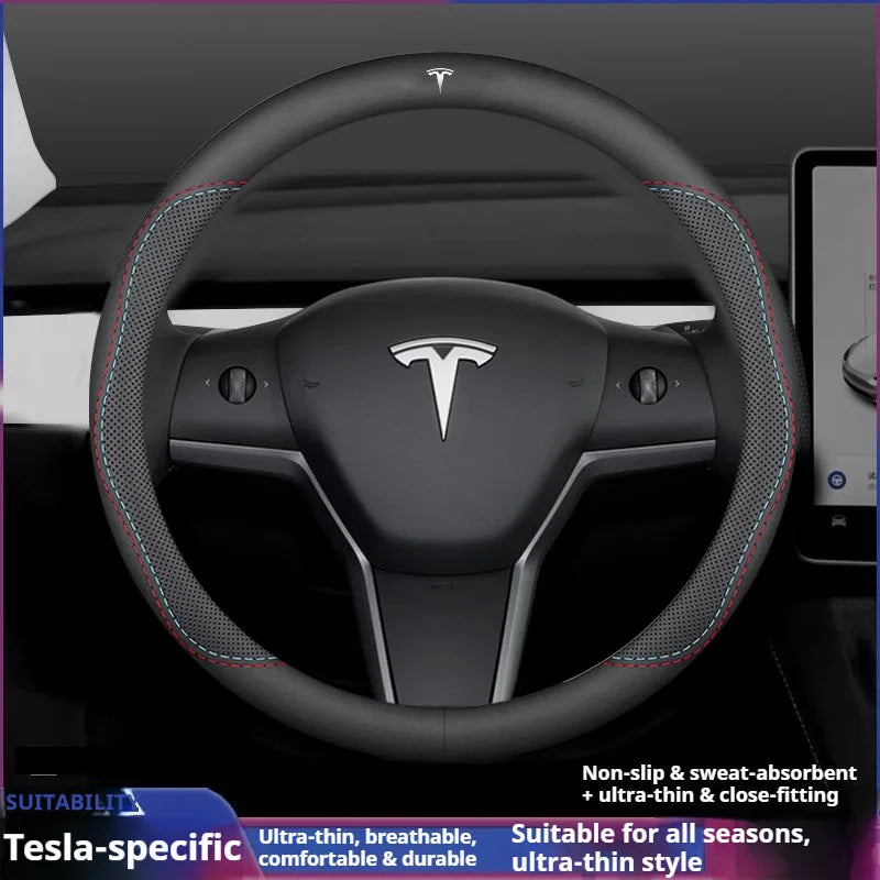 For Tesla Model 3 Model Y Model S Model X Roadster Leather Anti-slip Breathable Car Steering Wheel Cover Auto Accessories