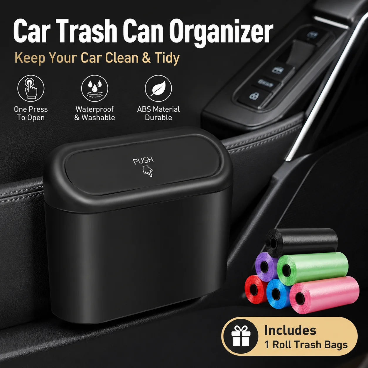 Car Trash Can Organizer ABS Waterproof Clip-On Mini Vehicle Garbage Bin for Door Seat Back Console with Push Lid Trash Bag Roll