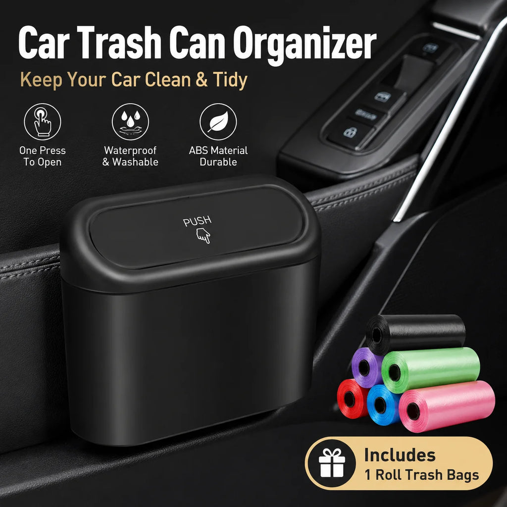 Car Trash Can Organizer ABS Waterproof Clip-On Mini Vehicle Garbage Bin for Door Seat Back Console with Push Lid Trash Bag Roll