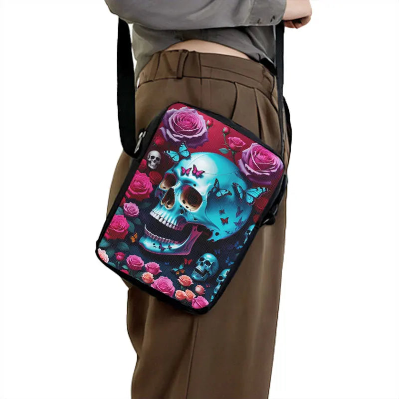 Skull Rose Butterfly Print Crossbody Bag Women Shoulder Bags for Travel Handbags Phone Holder Student Messenger Bags Gift