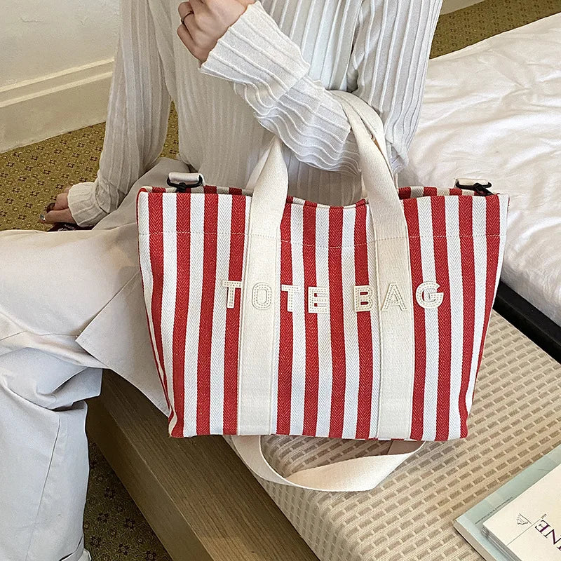 Fashion Striped Contrasting Tote Bag Large Capacity Casual Canvas Shoulder Crossbody Bag Versatile Letter Embossed Women Handbag