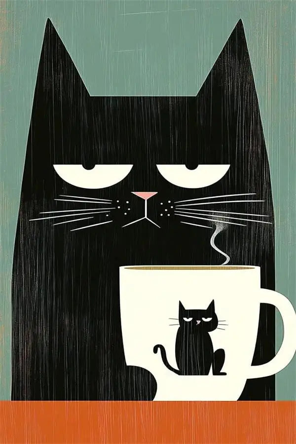 Whimsical Black Cat Drink Coffee Poster For Bedroom Nursery Cartoon Animal Canvas Painting Cute Cat Illustration Print Wall Art
