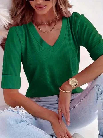 Women's Plus Size 1XL-5XL Casual V Neck Solid Color Elegant T-Shirt Tops Ladies Fashion Half Sleeve Comfortable T-shirt