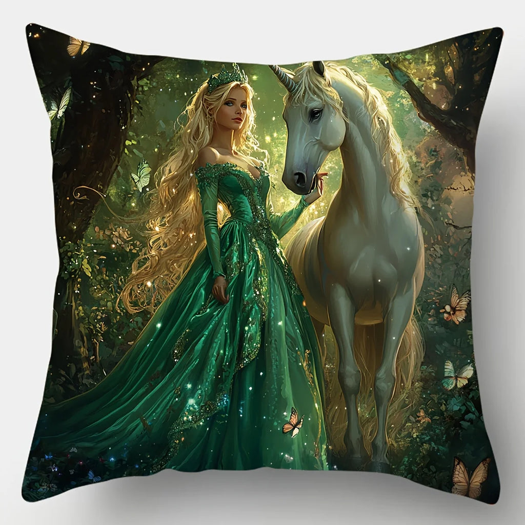 4PCS Girls & Princess Pillow Cases: Dreamy Art Style, Romantic. Polyester, Machine Washable, Zipper.For Living Room, Sofa Decor