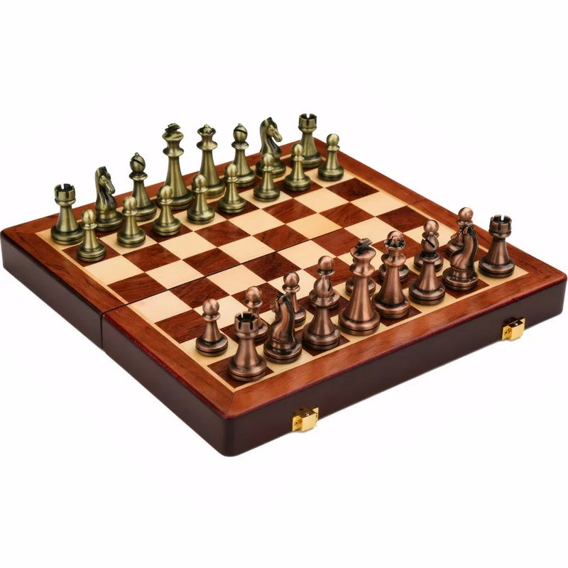 High end chess set 30cm/11.8inch antique bronze foldable solid wood box alloy weighted chess pieces Christmas holiday gift