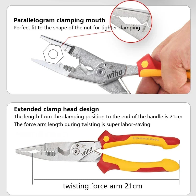Wiha 45489 Multifunctional 8-in-1 Industrial Electrician Insulated Wire Strippers Pointed Crimping and Cutting Pliers 1000V VDE