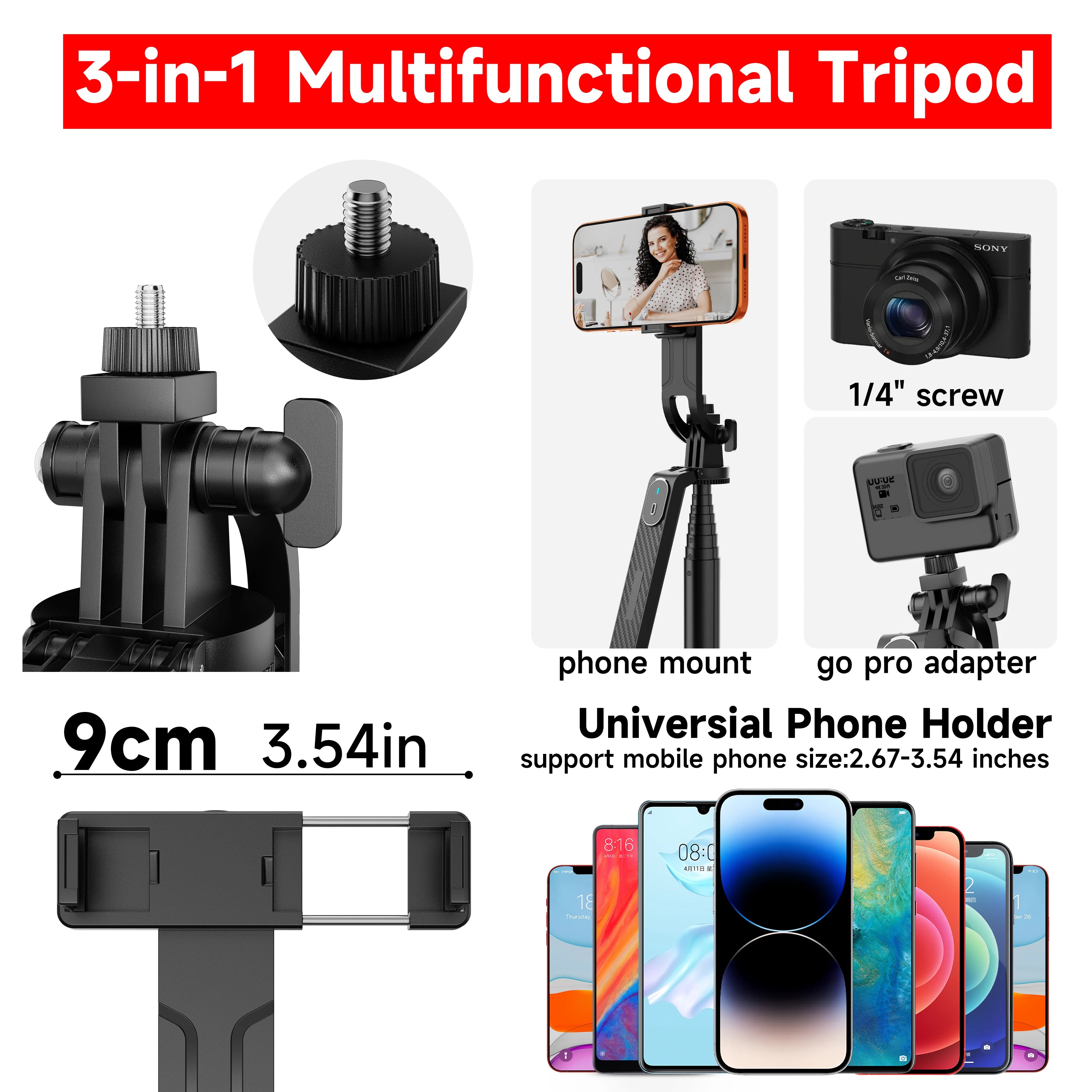 NeePho 180cm Aluminum Alloy 4-Leg Stable Selfie Stick Tripod NP-P185PLUS with Rechargeable Bluetooth Remote Control