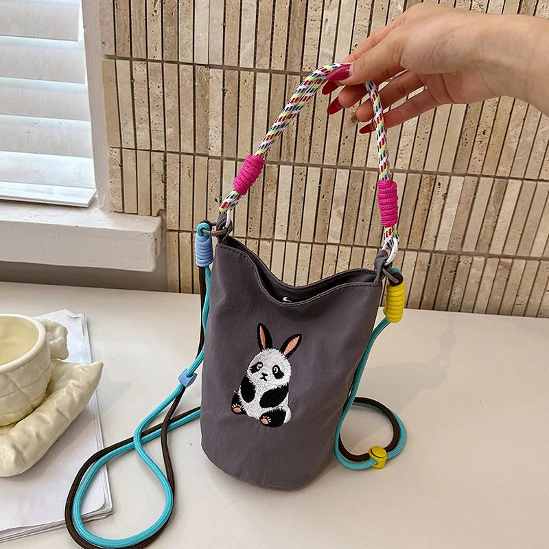 New Fashion Cute Cartoon Panda Embroidery Nylon Mini Bucket Bag Women Casual Lightweight Crossbody Shoulder Bag Small Handbag