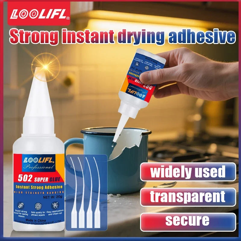 Loolifl Professional 502 Fast Adhesive Waterproof Universal Repair Glue Food Safe Ca Glue for Plastic, Wood, Metal, Ceramic, Glass, Super Glue, Stable and Safe