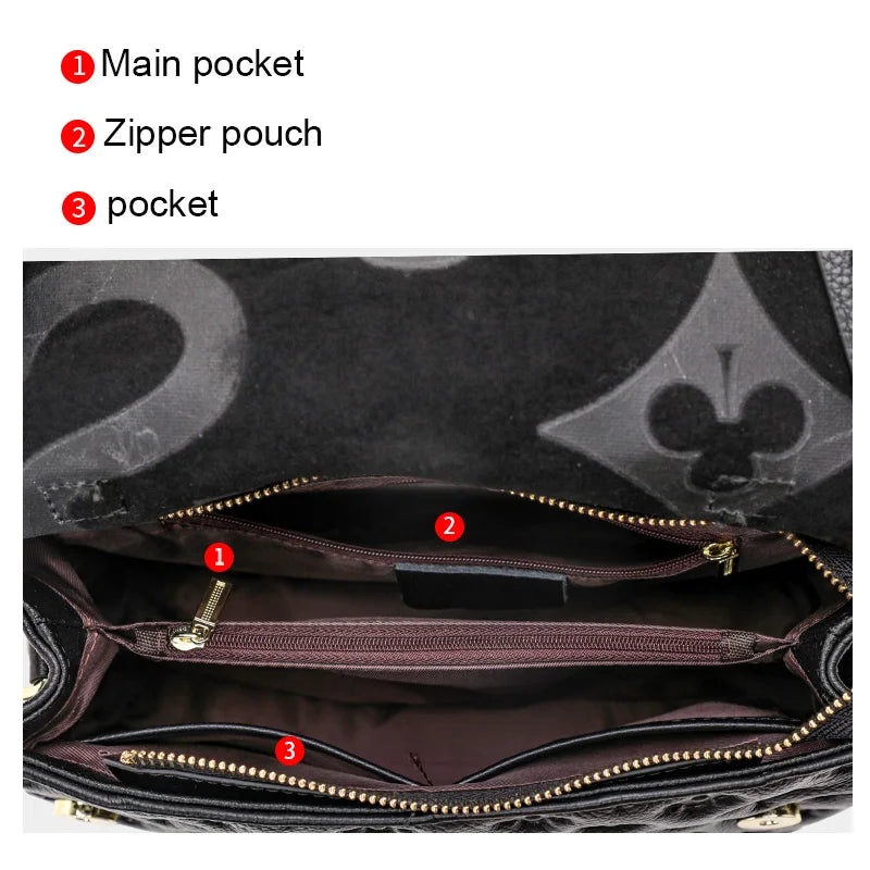 New Stylish Cowhide Shoulder Bags for Casual Middle-aged Moms, Printed Genuine Leather Crossbody Soft Handbags for Women