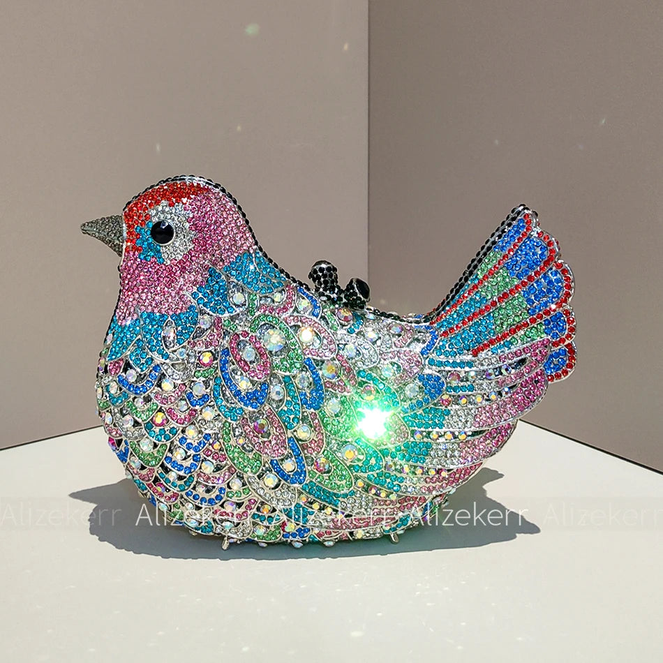 Alizekerr Pigeon Shaped Crystal Evening Bags Women Gorgeous Rhinestone Metallic Bird Clutch Purses Ladies Unique Handbags Party
