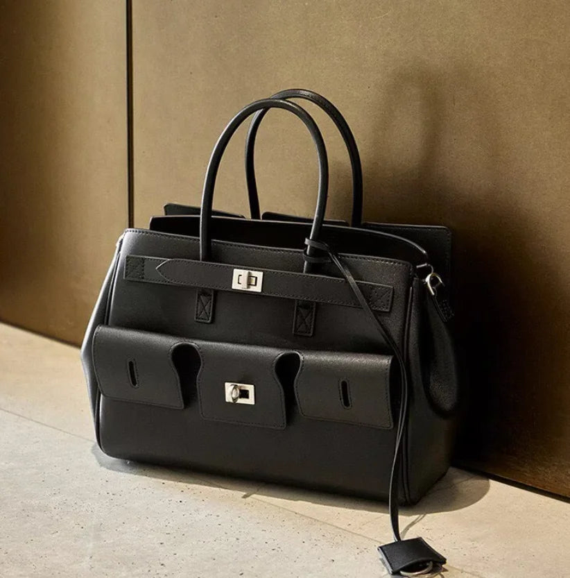 Luxury Soft Leather Tote Bag Brand Texture Lock Wing Bag Solid Color Simple New Horizontal Square Bag Women's Commuter Handbag