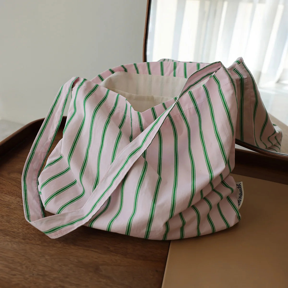 College style pink green striped shoulder bag simple versatile casual fabric tote bag girls canvas bag travel bag for women