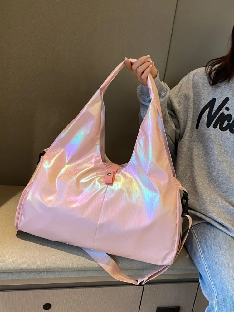 Glossy Fitness Bag Women's Large Capacity Lightweight Fashionable Handheld Yoga Training Waterproof Bag Sport Travel Bag