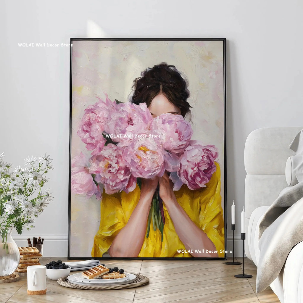 Green Abstract Figures Canvas Print with Flower Woman Minimalist Japandi Female Portrait Art Poster for Modern Living Room Decor