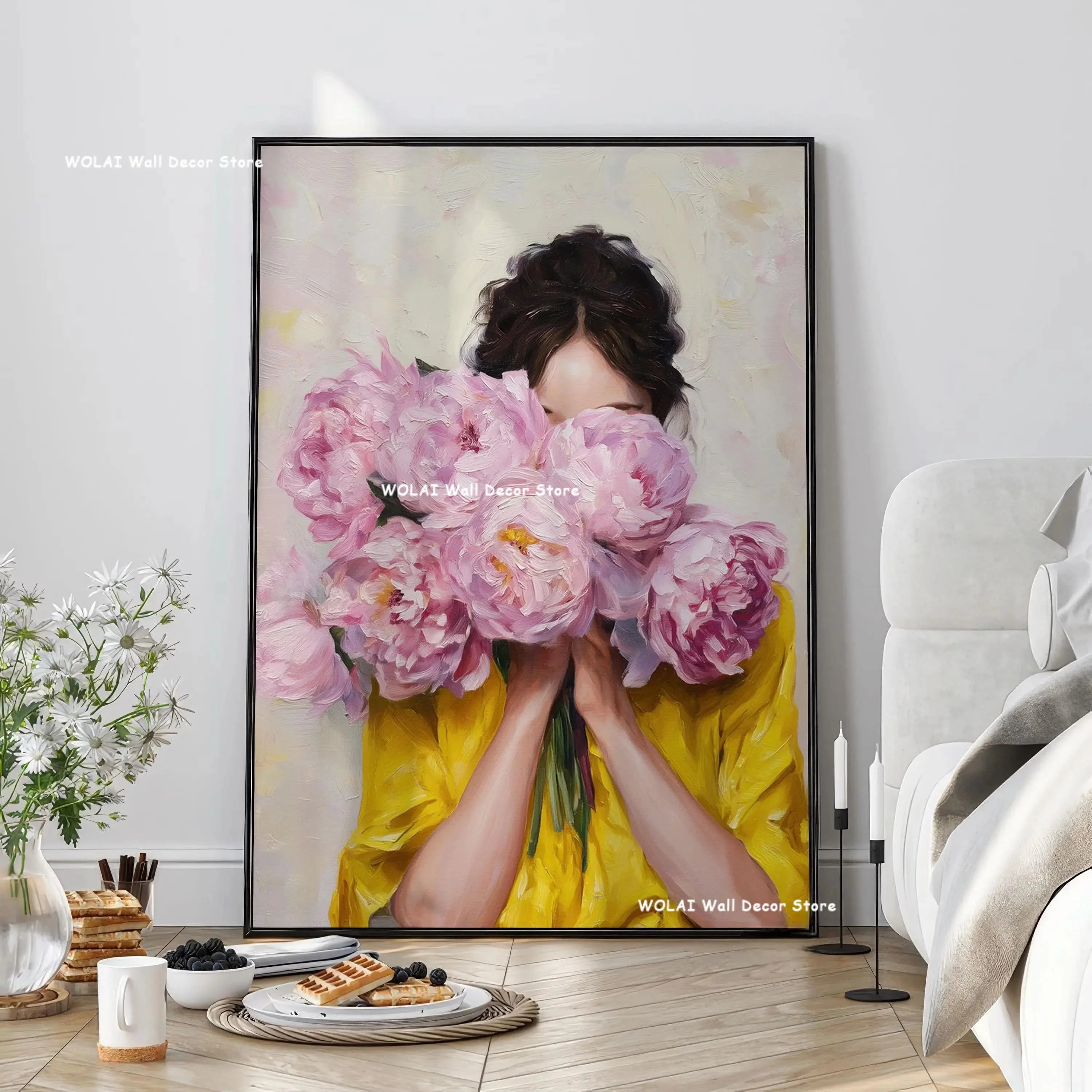Green Abstract Figures Canvas Print with Flower Woman Minimalist Japandi Female Portrait Art Poster for Modern Living Room Decor