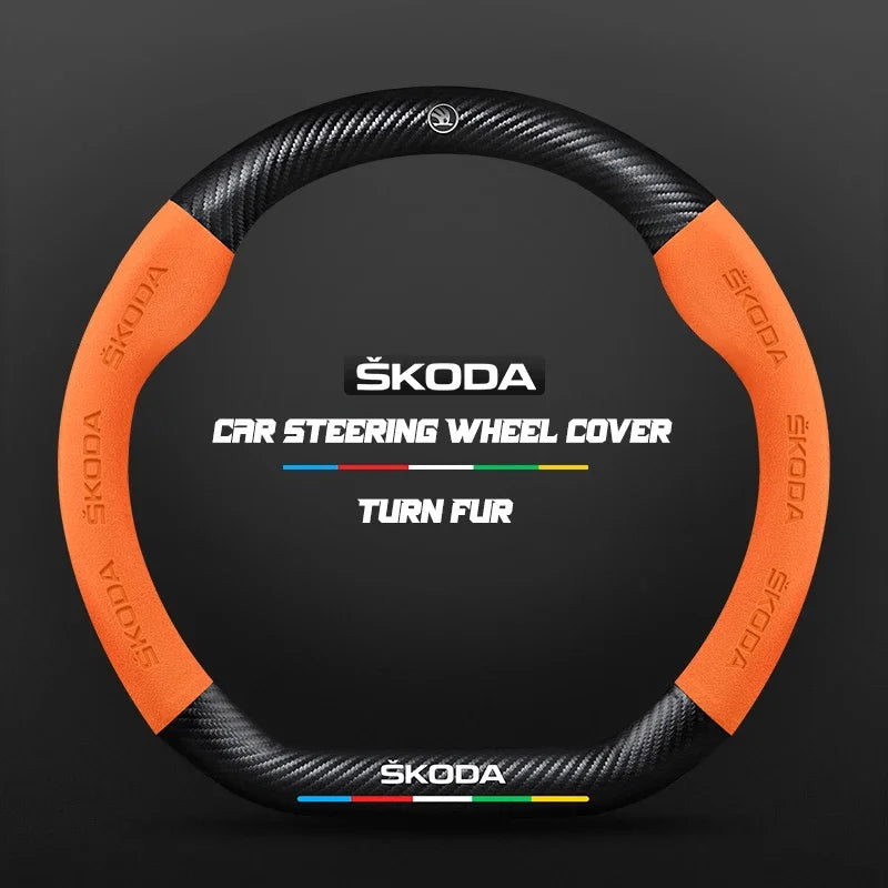 38CM suitable for Skoda Octavia Rapid Kodiaq Kamiq KAROQ carbon fiber suede car steering wheel cover accessories