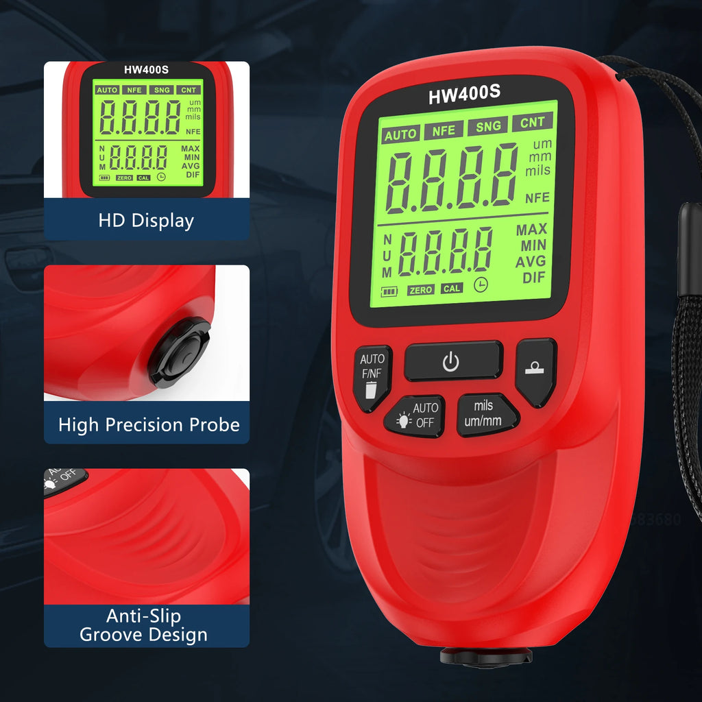 HW-400S Car Paint Film Tester LCD Display Car Coating Thickness Gauge 0-2000UM Coating Measuring Tool Automotive Paint DFT Meter