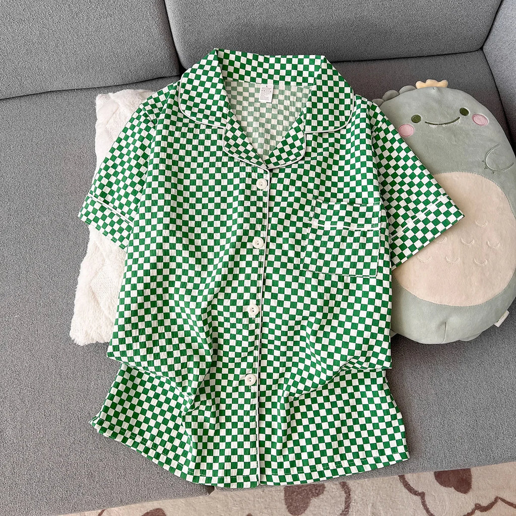 Women's Summer Pajamas, Thin Plaid Pattern Short-Sleeved Shorts, Sweet and Cute, Can Be Worn Outside in Summer, Two-Piece Home Wear Set