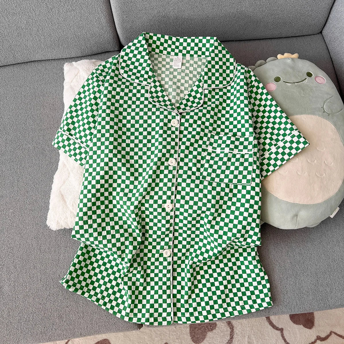 Women's Summer Pajamas, Thin Plaid Pattern Short-Sleeved Shorts, Sweet and Cute, Can Be Worn Outside in Summer, Two-Piece Home Wear Set