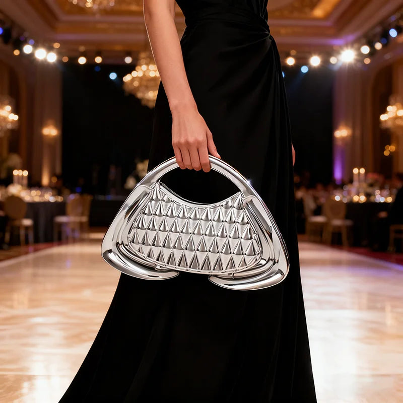 Hardware Metal Frame Clutch Bag Evening Party Purse Geometric Mesh Grid Trapezoid Shape Chain Shoulder Bag Glamorous Handbag