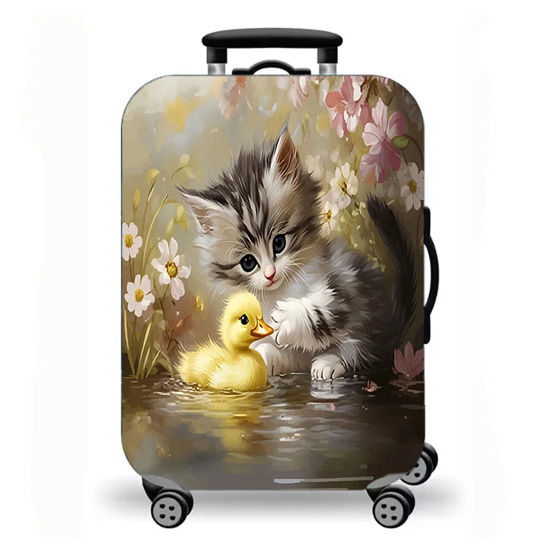 Luggage Cover, Cute Fluffy Kitten Cat Floral Duck Print Stretch Suitcase Protector, Washable Anti-Scratch Travel Baggage Cover