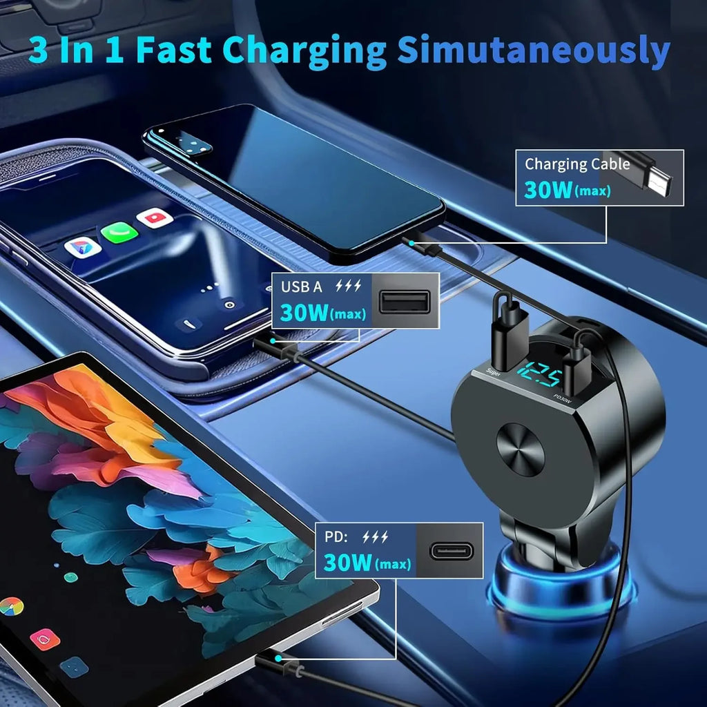 Upgraded Retractable Car Charger 3 in 1, 69W Fast Charging PD30W+2.4A Voltage Display Dual Cables for iPhone & Android