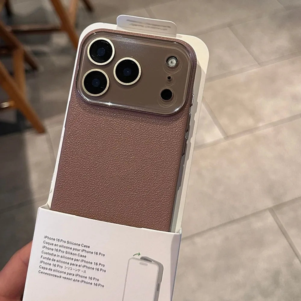 Luxury HD Hard Glass Camera Case For iPhone 17 Air 16 15 14 13 12 11 Pro Max Plus Hard PC Leather Texture Armor Shockproof Funda