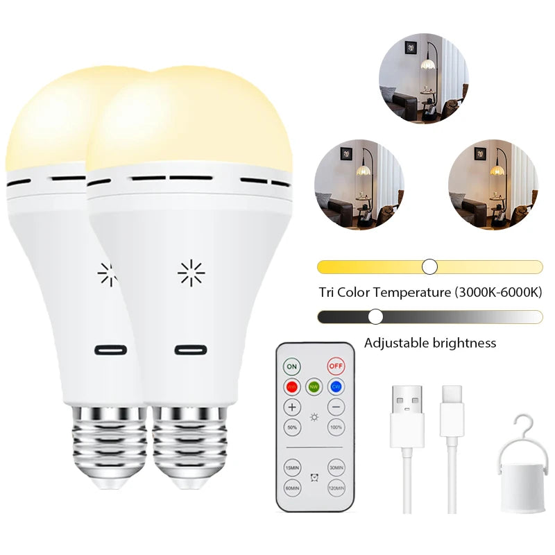 USB-C E27 Rechargeable LED Bulb Wireless Remote Control Battery Operated Dimmable Light with Timer