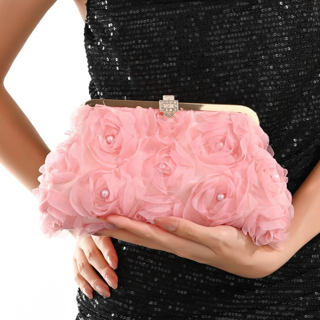 3D Floral Decor Clutch Bag, Elegant Silk Appliques Dinner Purse For Wedding Party Prom Banquet - Perfect for Wedding， Party