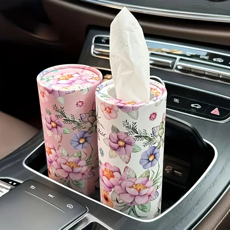 4Rolls Floral Car Tissue - Cylindrical Paper Towel Tube, Hand Wiping Paper for Car Seat, Includes Face Towels, Car Tissue Holder