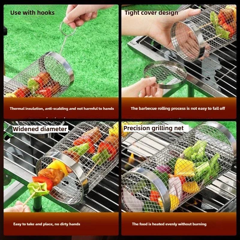 Rolling Grill Basket with Removable Wooden Handle,304 Stainless Steel,Nesting Grilling Tool,Smoker BBQ Accessories for Vegetable