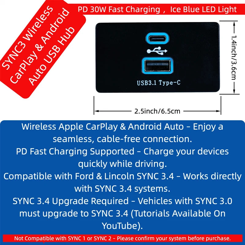 Wireless Carplay USB Type-c HUB for Ford Lincoln SYNC3 Multimedia Interface Module 30W Fast Charging HC3Z-19A387 ML3T-14F014