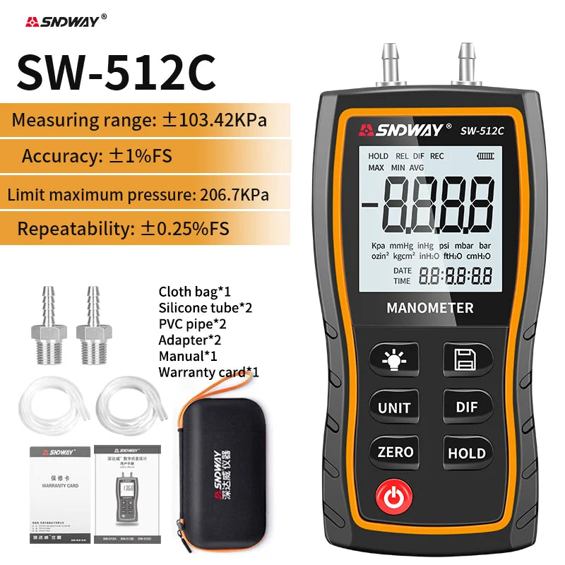 SNDWAY SW-512 Digital Pressure Gauge Differential Gas Pressure Gauge Measuring Instruments, Barometric Gauges/SW-512B/SW-512C