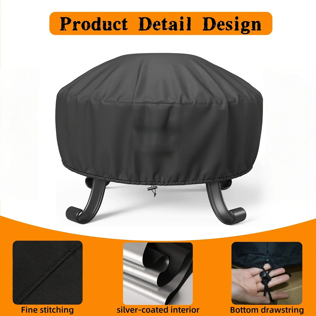Round Fire Pit Cover, Waterproof Windproof Firepit Shield with Silver Coating & Drawstring, Fits Multiple Round Fire Pit Sizes