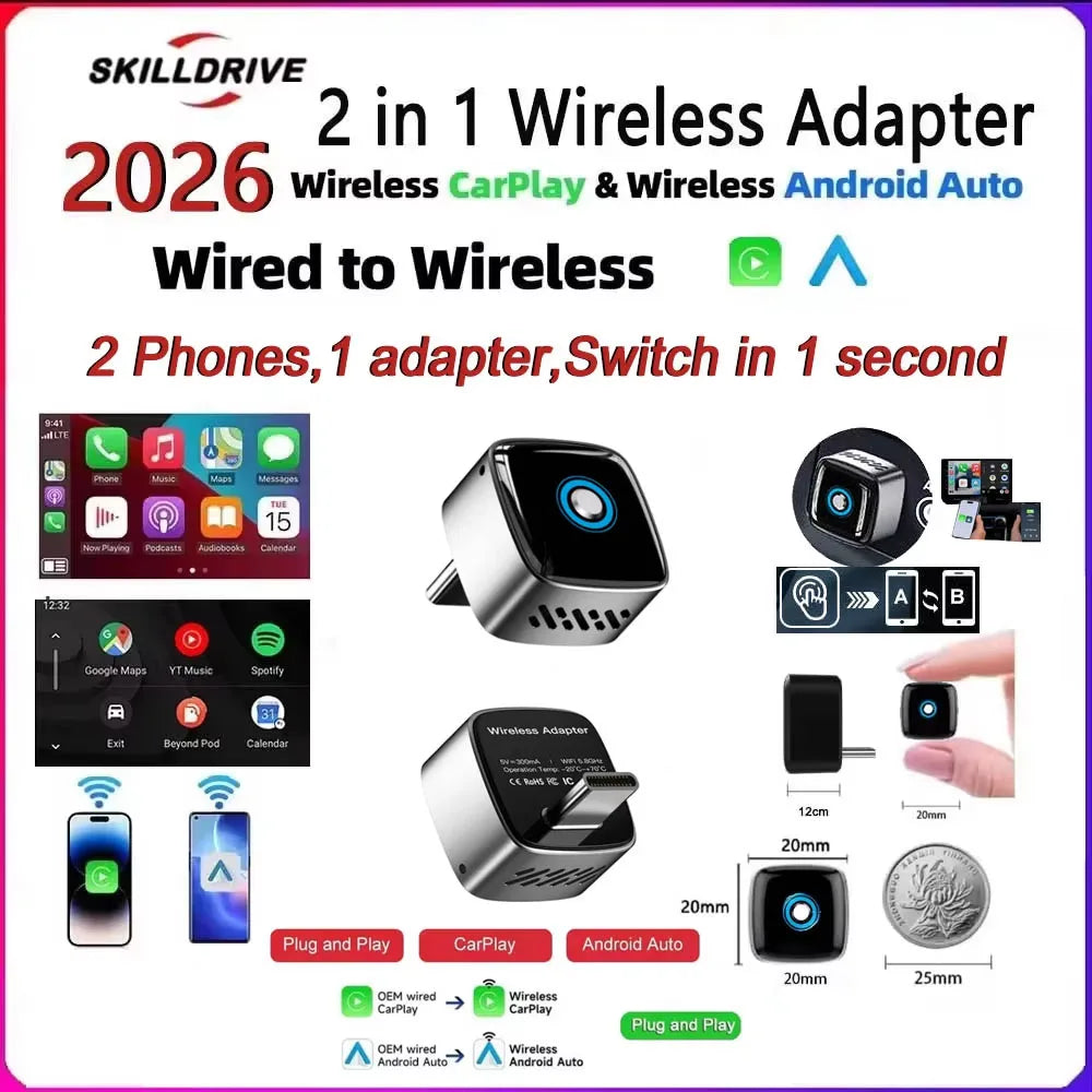 Skilldrive 2026 Mini 2 in 1 Wireless CarPlay Adapter 2 Phones One-Tap Switch Android Auto AI Smart Box for Wired CarPlay Car