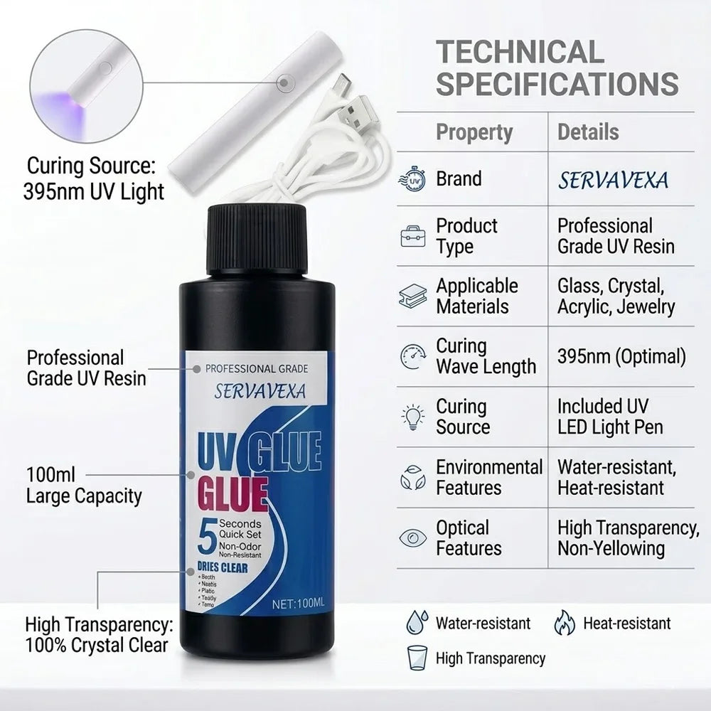 SERVAVEXA UV Glue 5s Quick Curing Resin Clear Hard Adhesive with UV Lamp Light for DIY Jewelry Making Craft Glass Metal Repair